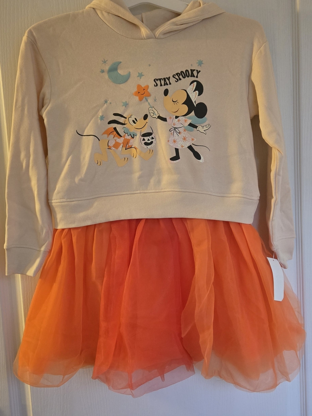 Disney Cream Hoodie Dress with Orange Tulle Skirt